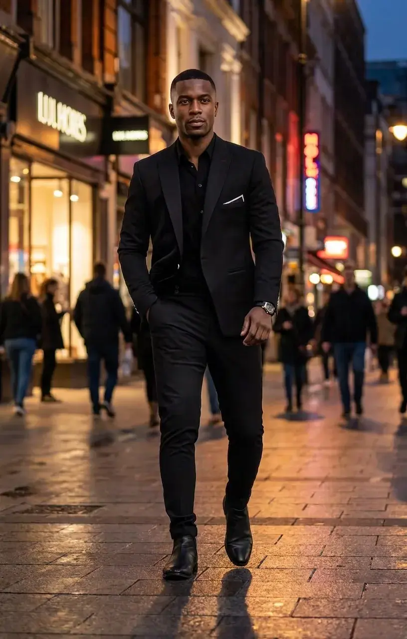 Man in a black suit with a pocket square on an evening city street