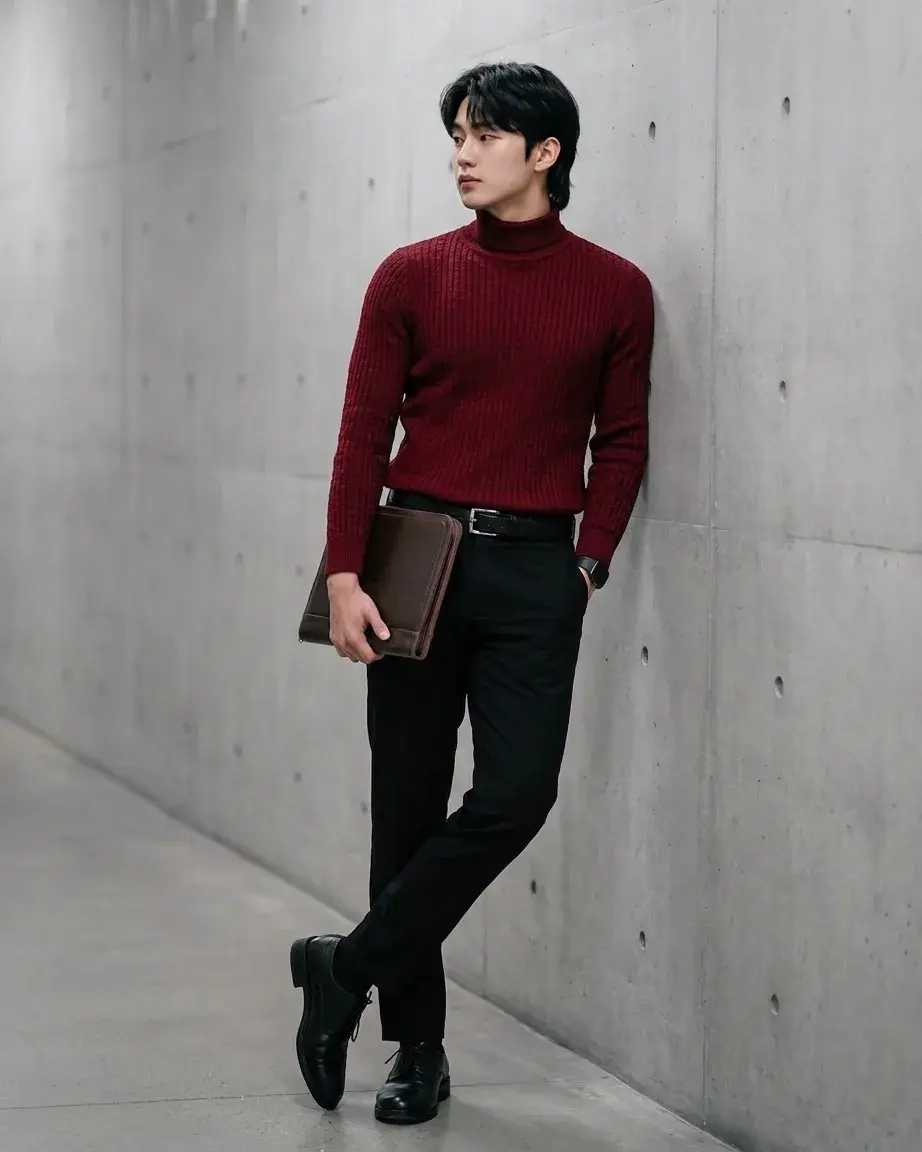 Man in a burgundy turtleneck holding a leather clutch against a concrete gallery wall