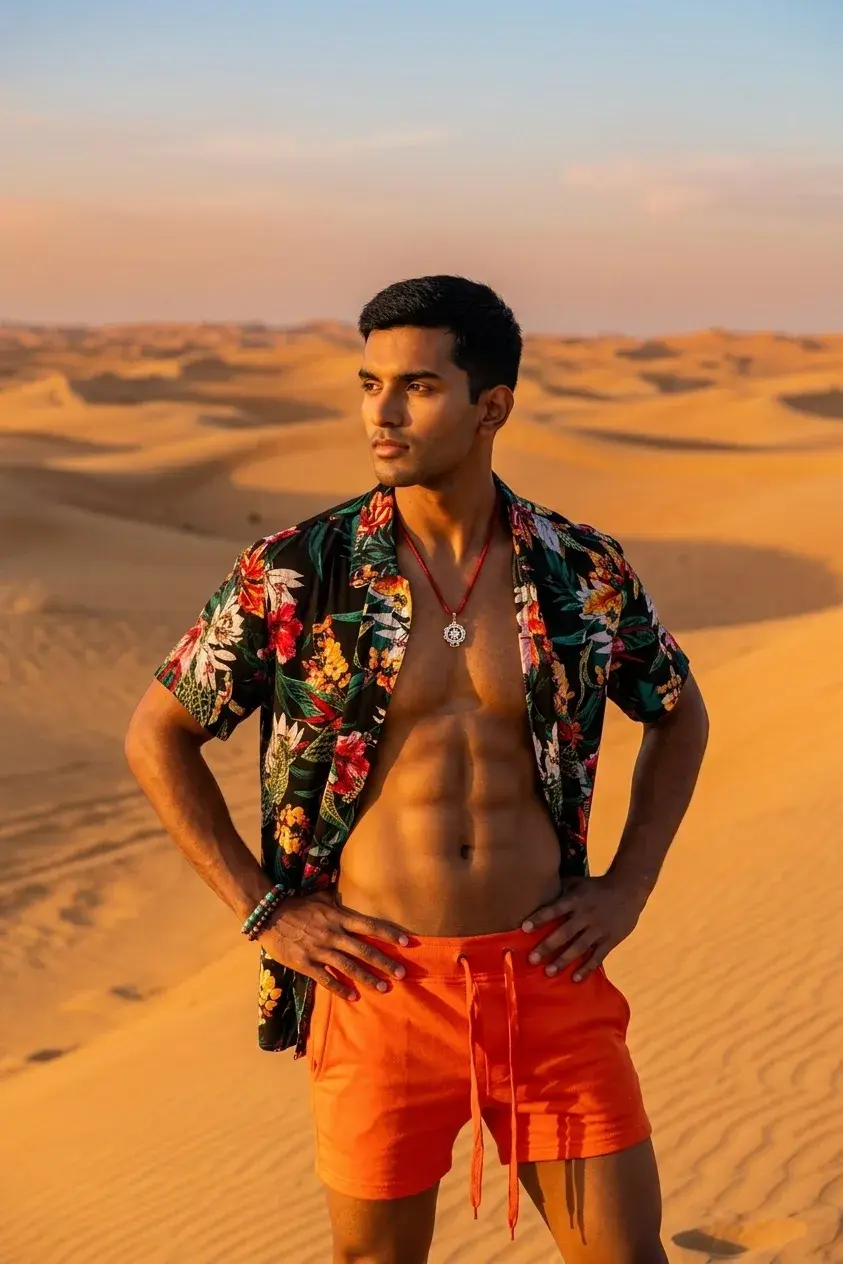 Man in an open floral shirt and orange shorts on desert dunes at golden hour