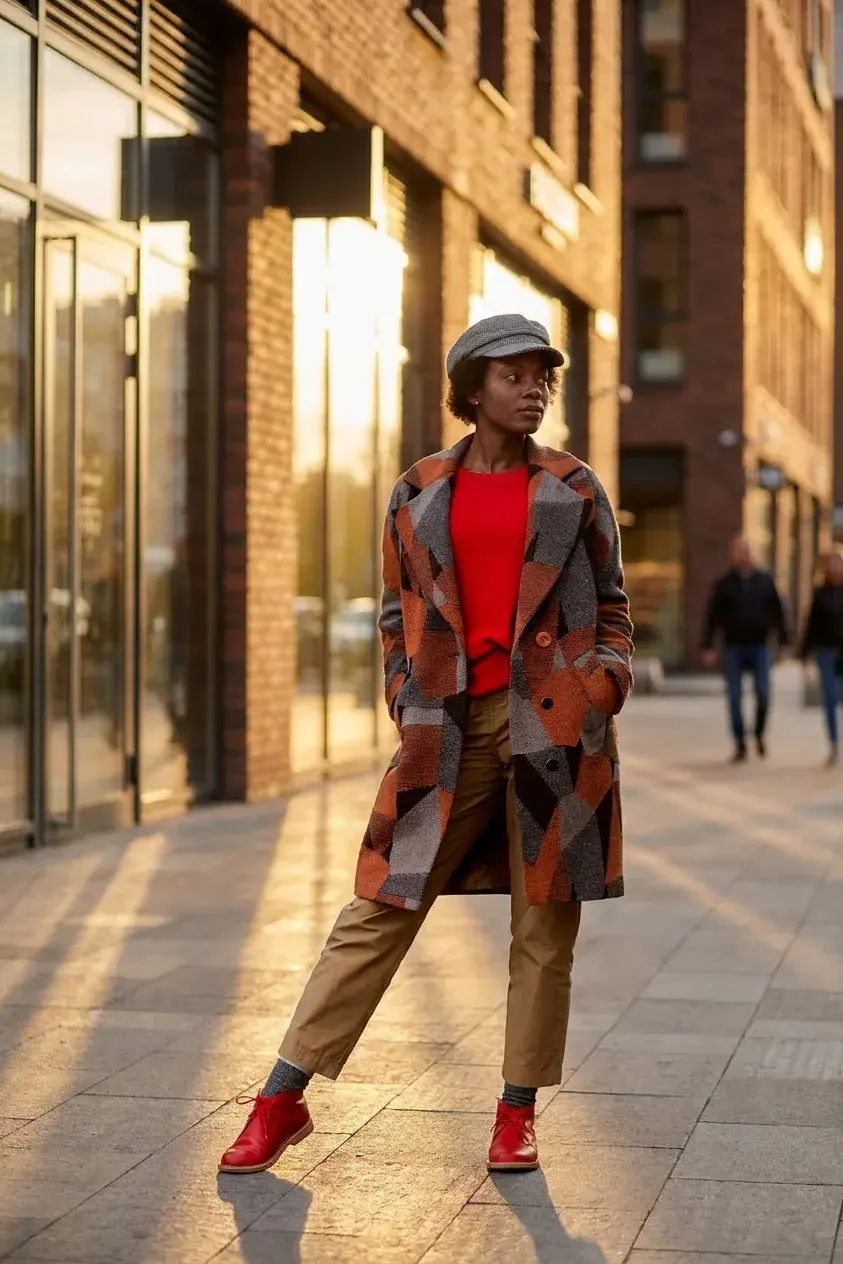Woman in a colorblock coat and red boots styled for a city sunset